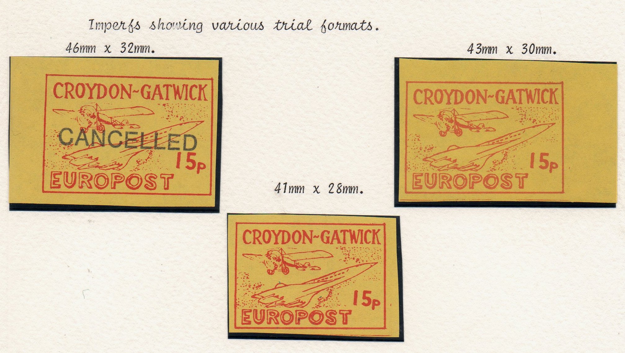 Croydon Gatwick Strike Post Stamps 1971 15p Concorde design, Imperforate stamps in three sizes - printers' trials